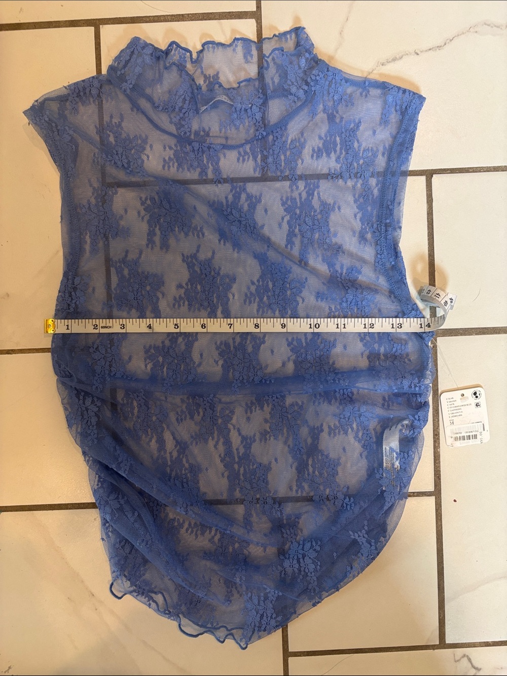 Free People Nice Try Lace Sheer Mock Neck Tank Top - Cornflower Blue - NWT, M - Picture 6 of 8